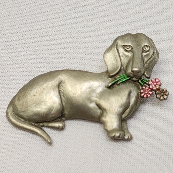 JJ Cole Jewelry - JJ Jonette Pewter Dachshund Holding Flowers Brooch Pin